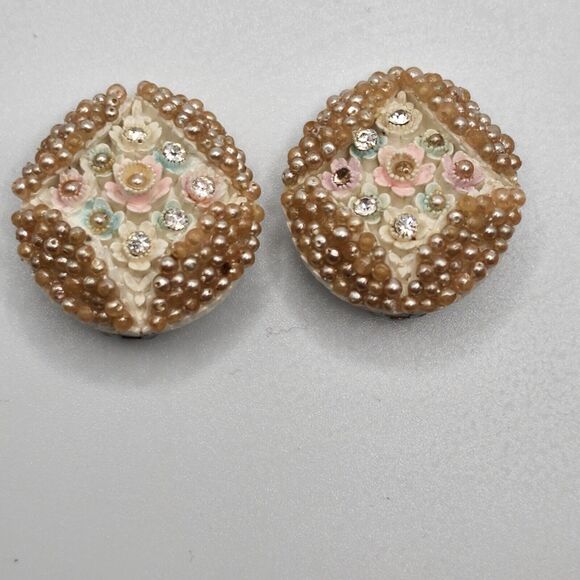 Vtg 50's Faux Pearl Rhinestone Earrings Clip On Pink Flower Beautiful Wedding - Picture 1 of 4